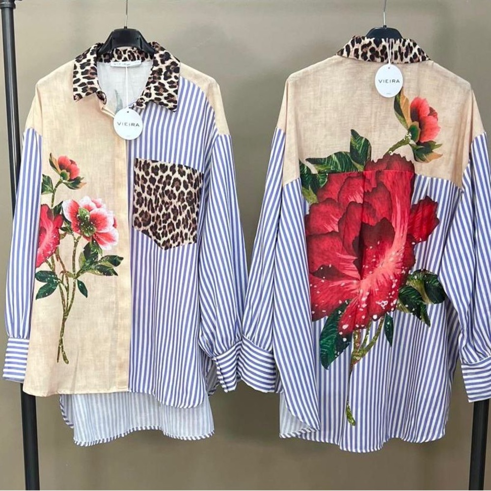 Blue and White Long Sleeve Button Down Shirt with Asymmetrical Design